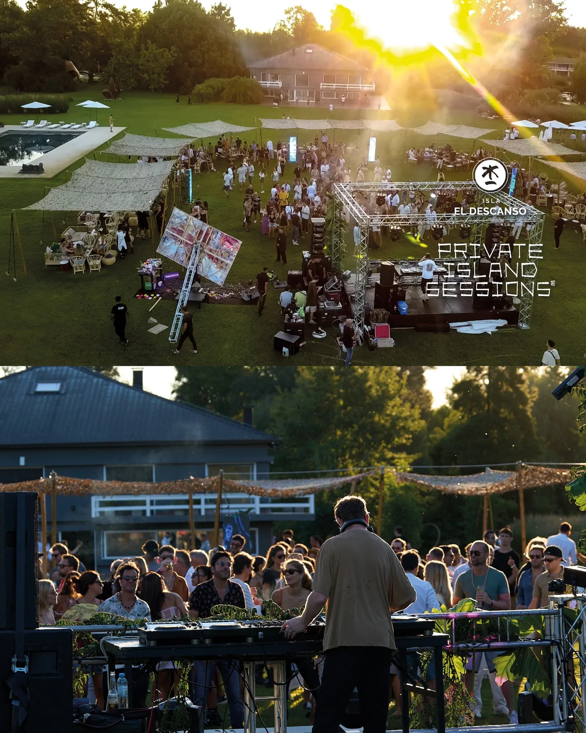 Vista del público al atardecer y la cabina de DJ